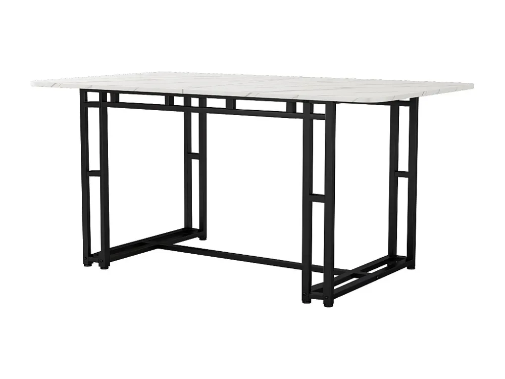 Eettafel voor 6 tot 8 couverts marmerpatroon - MDF + zwarte metalen poten - wit Merax