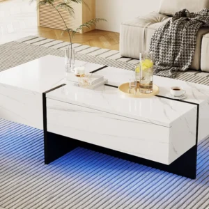 Glanzend witte salontafel, woonkamertafel, blad met marmerpatroon en LED, 100 x 50 x 34,5 cm Merax