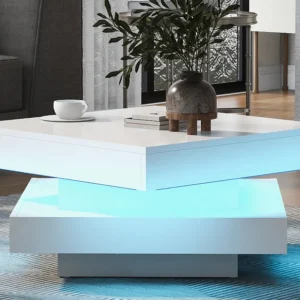 Glanzend witte vierkante salontafel met draaibaar blad - moderne technostijl met 16 kleuren LED-licht, 70x70x36 cm Merax