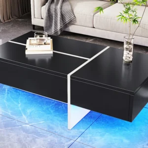Glanzend zwarte salontafel, woonkamertafel, blad met marmerpatroon en LED, 100 x 50 x 34,5 cm Merax