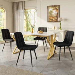 Rechthoekige eettafel voor 4 tot 6 couverts - 119 x 70 x 75 cm - MDF hout + metaal - Marmerpatroon - Wit + goud Merax