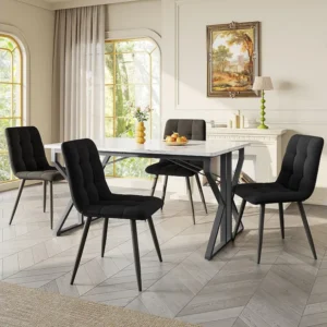 Rechthoekige eettafel voor 4 tot 6 couverts - 119 x 70 x 75 cm - MDF hout + metaal - Marmerpatroon - Wit + zwart Merax