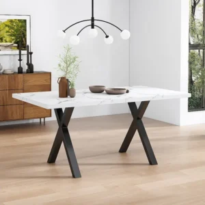Rechthoekige eettafel voor 4 tot 6 couverts - 140 x 80 x 76 cm - MDF hout en metaal - Marmerpatroon - Wit + zwart Merax