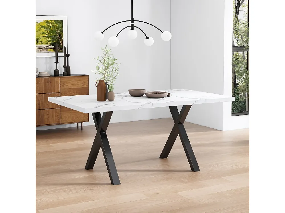 Rechthoekige eettafel voor 4 tot 6 couverts - 140 x 80 x 76 cm - MDF hout en metaal - Marmerpatroon - Wit + zwart Merax