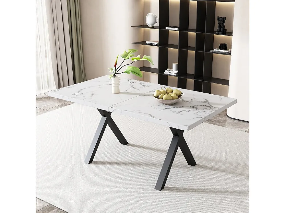 Rechthoekige eettafel voor 4 tot 6 couverts - 140 x 80 x 76 cm - MDF hout en metaal - Marmerpatroon - Wit + zwart Merax
