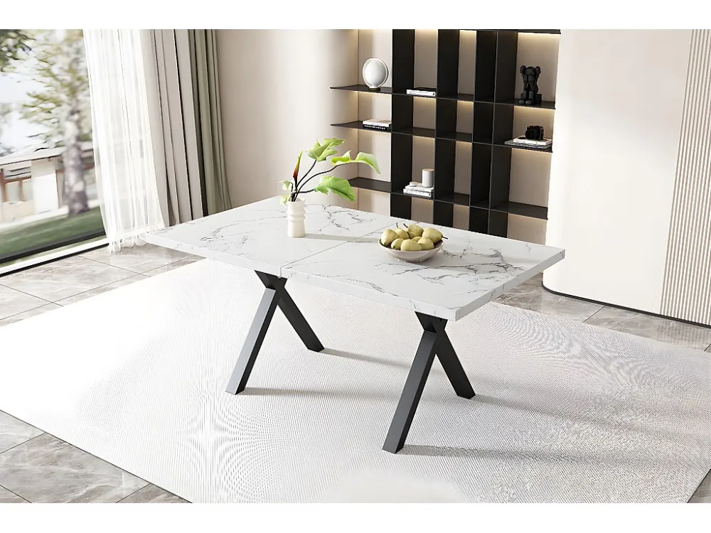 Rechthoekige eettafel voor 4 tot 6 couverts - 140 x 80 x 76 cm - MDF hout en metaal - Marmerpatroon - Wit + zwart Merax
