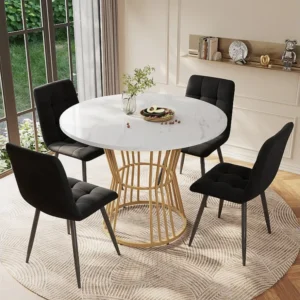 Ronde eettafel met gouden metalen poot - D 100 x H 75 cm - Blad met marmereffect - MDF hout - Wit Merax