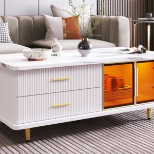Salontafel, bijzettafel met deur van gehard glas, lades met golvende structuur, gouden handgrepen en poten, blad marmerstr...
