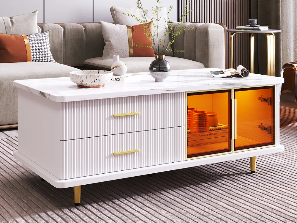 Salontafel, bijzettafel met deur van gehard glas, lades met golvende structuur, gouden handgrepen en poten, blad marmerstr...