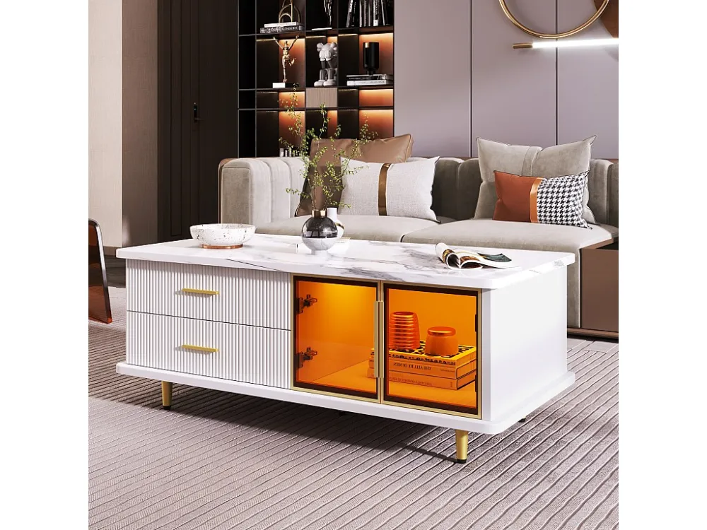 Salontafel, bijzettafel met deur van gehard glas, lades met golvende structuur, gouden handgrepen en poten, blad marmerstr...