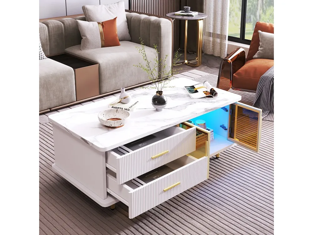 Salontafel, bijzettafel met deur van gehard glas, lades met golvende structuur, gouden handgrepen en poten, blad marmerstr...