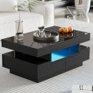 Salontafel hoogglans, met LED-lichtstrip, 4 laden aan de voor- en achterkant, Spaanplaat hout, Zwart Merax