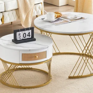 Salontafel met wit marmerpatroon en lade, MDF en metaal, elegant ontwerp Merax