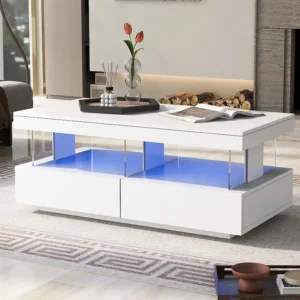 Witte salontafel, bijzettafel met LED, hoogglans blad, spaanplaat hout, 100 x 60 x 49,5 cm Merax