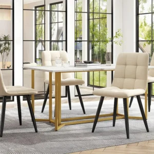 Eettafel 140 x 80 cm - metalen structuur - MDF blad met marmerpatroon - Goud & Wit ModernLuxe