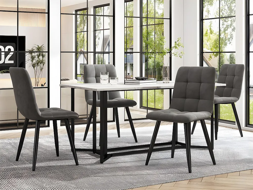 Eettafel 140 x 80 cm - metalen structuur - MDF-blad met marmerpatroon - Goud en zwart ModernLuxe