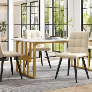 Eettafel 140 x 70 cm - metalen structuur - opengewerkt ontwerp - MDF blad met marmerpatroon - Goud & Wit ModernLuxe