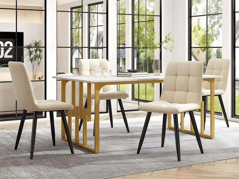 Eettafel 140 x 70 cm - metalen structuur - opengewerkt ontwerp - MDF blad met marmerpatroon - Goud & Wit ModernLuxe