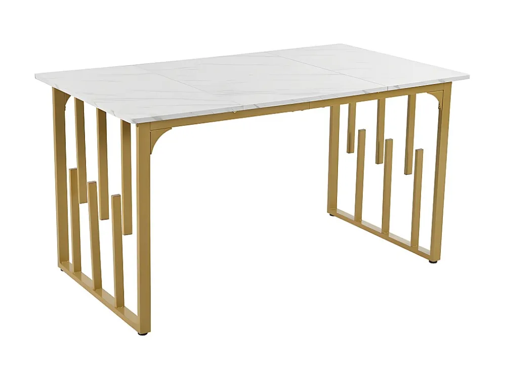 Eettafel 140 x 70 cm - metalen structuur - opengewerkt ontwerp - MDF blad met marmerpatroon - Goud & Wit ModernLuxe