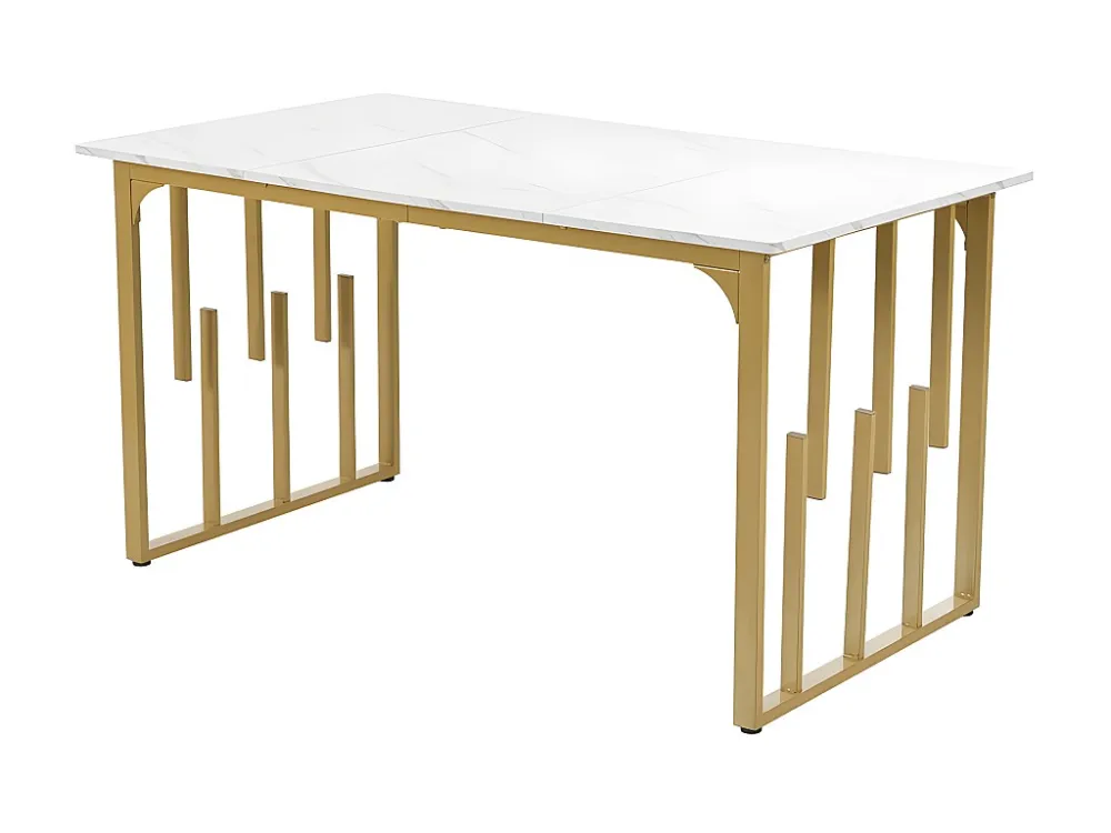 Eettafel 140 x 70 cm - metalen structuur - opengewerkt ontwerp - MDF blad met marmerpatroon - Goud & Wit ModernLuxe