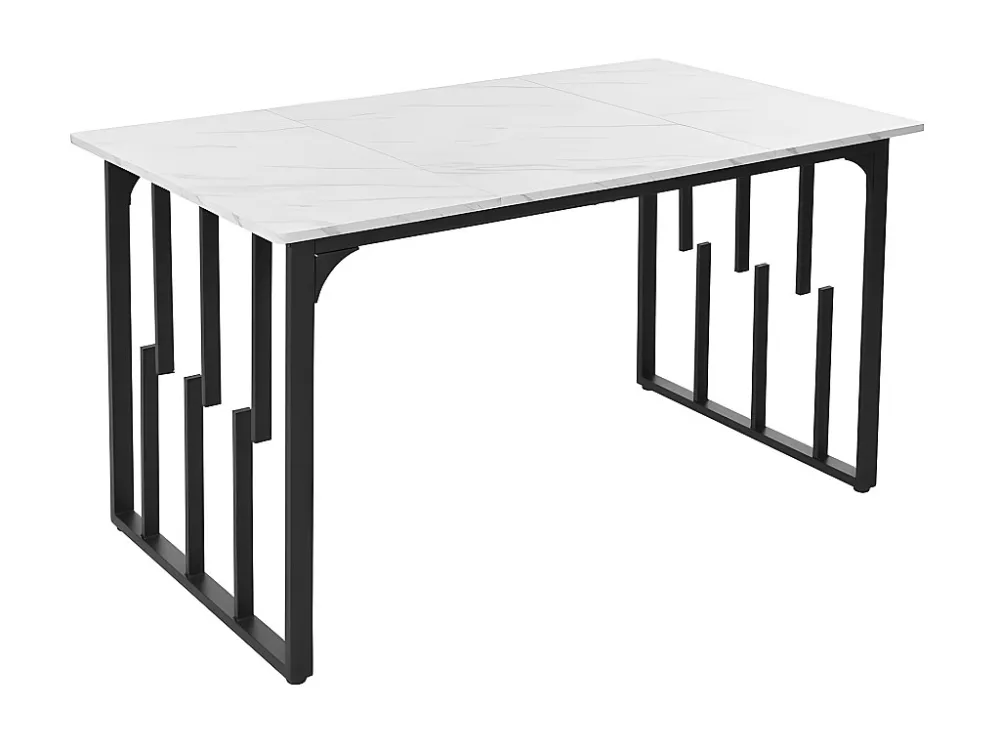 Eettafel 140 x 70 cm - metalen structuur - opengewerkt ontwerp - MDF blad met marmerpatroon - Goud & Zwart ModernLuxe