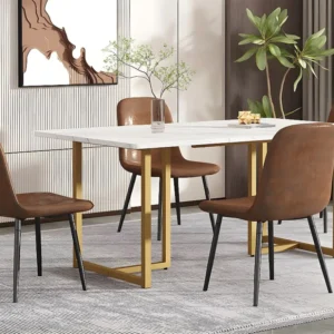 Eettafel 140x80 cm met L-vormige poten - metalen structuur - wit fineer met marmerpatroon - Goud & Wit ModernLuxe