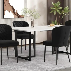 Eettafel 140x80 cm met L-vormige poten - metalen structuur - wit fineer met marmerpatroon - Zwart & Wit ModernLuxe