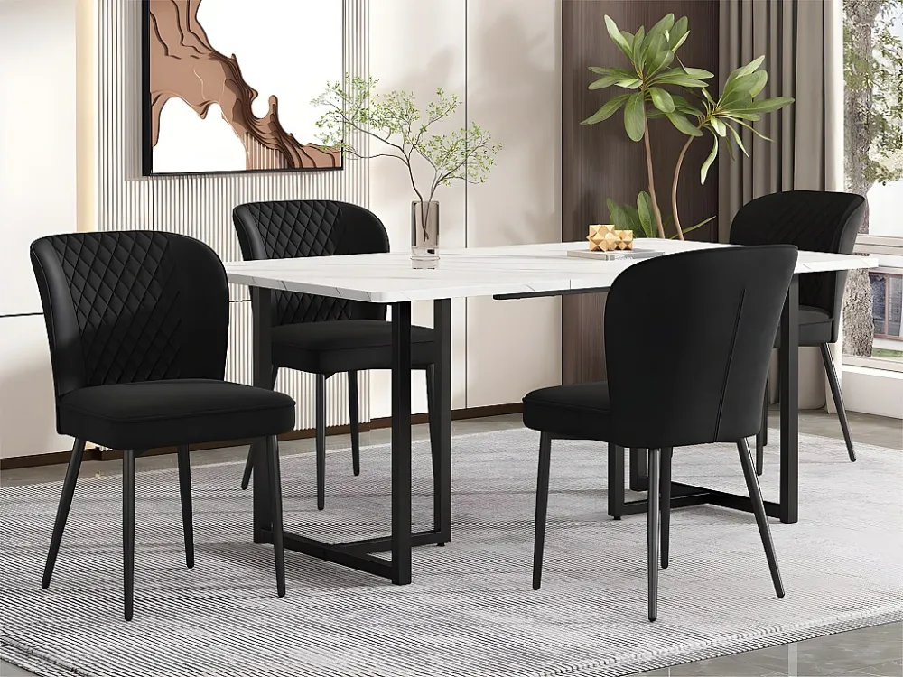 Eettafel 140x80 cm met L-vormige poten - metalen structuur - wit fineer met marmerpatroon - Zwart & Wit ModernLuxe