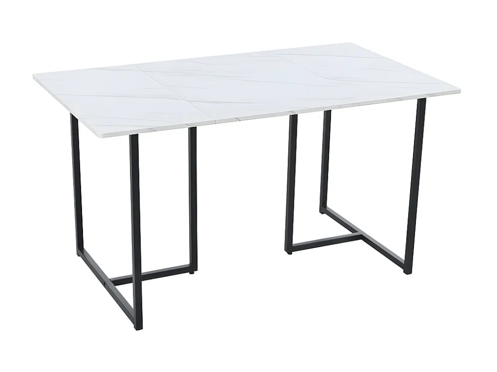 Eettafel 140x80 cm met L-vormige poten - metalen structuur - wit fineer met marmerpatroon - Zwart & Wit ModernLuxe