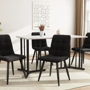 Eettafel 140x80 cm met verstelbare poten - metalen structuur - marmerpatroon fineer - Wit & Zwart ModernLuxe