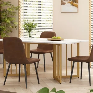 Eettafel 140x80 cm met V-vormige poten - metalen structuur - wit fineer met marmerpatroon - Goud & Wit ModernLuxe
