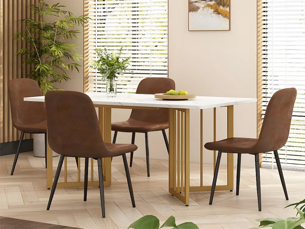 Eettafel 140x80 cm met V-vormige poten - metalen structuur - wit fineer met marmerpatroon - Goud & Wit ModernLuxe