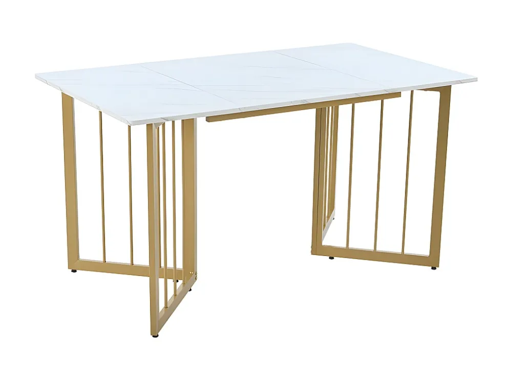 Eettafel 140x80 cm met V-vormige poten - metalen structuur - wit fineer met marmerpatroon - Goud & Wit ModernLuxe