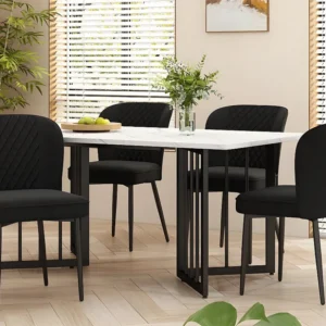 Eettafel 140x80 cm met V-vormige poten - metalen structuur - wit fineer met marmerpatroon - Zwart & Wit ModernLuxe