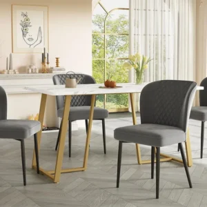 Eettafel 140x80 cm - metalen structuur - marmerpatroon fineer - Wit & Goud ModernLuxe