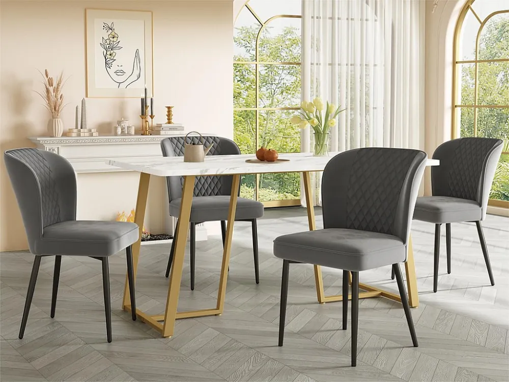 Eettafel 140x80 cm - metalen structuur - marmerpatroon fineer - Wit & Goud ModernLuxe