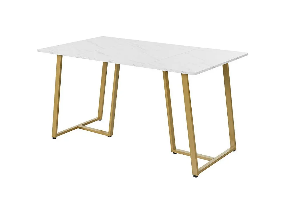Eettafel 140x80 cm - metalen structuur - marmerpatroon fineer - Wit & Goud ModernLuxe
