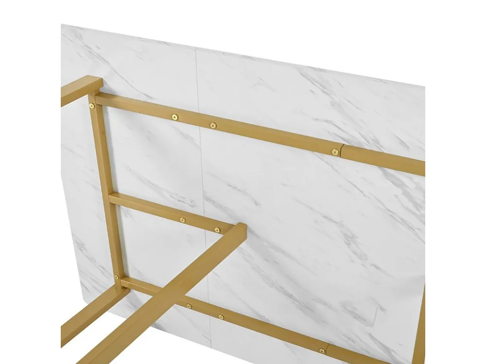 Eettafel 140x80 cm - metalen structuur - marmerpatroon fineer - Wit & Goud ModernLuxe