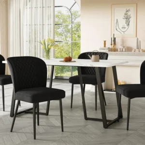 Eettafel 140x80 cm - metalen structuur - marmerpatroon fineer - Wit & Zwart ModernLuxe