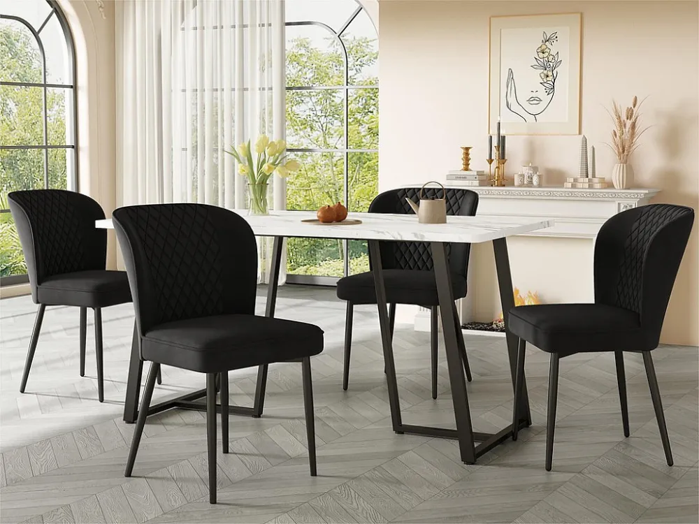 Eettafel 140x80 cm - metalen structuur - marmerpatroon fineer - Wit & Zwart ModernLuxe