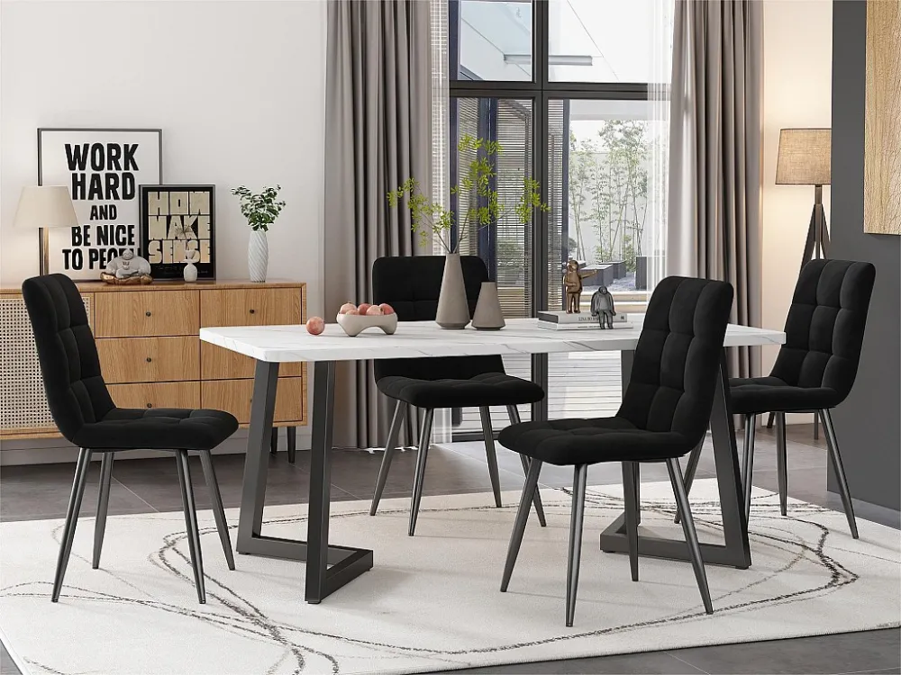 Eettafel - blad met marmer effect - zwarte metalen poten - 117x68cm ModernLuxe