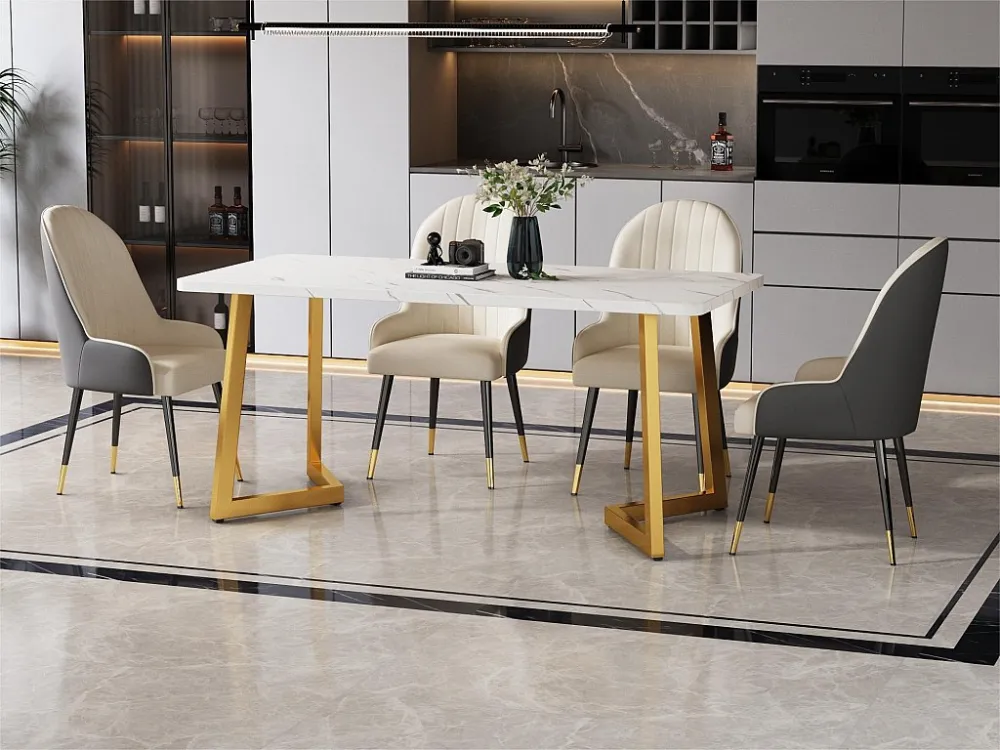 Eettafel - blad met marmereffect - gouden metalen poten - 117x68cm ModernLuxe
