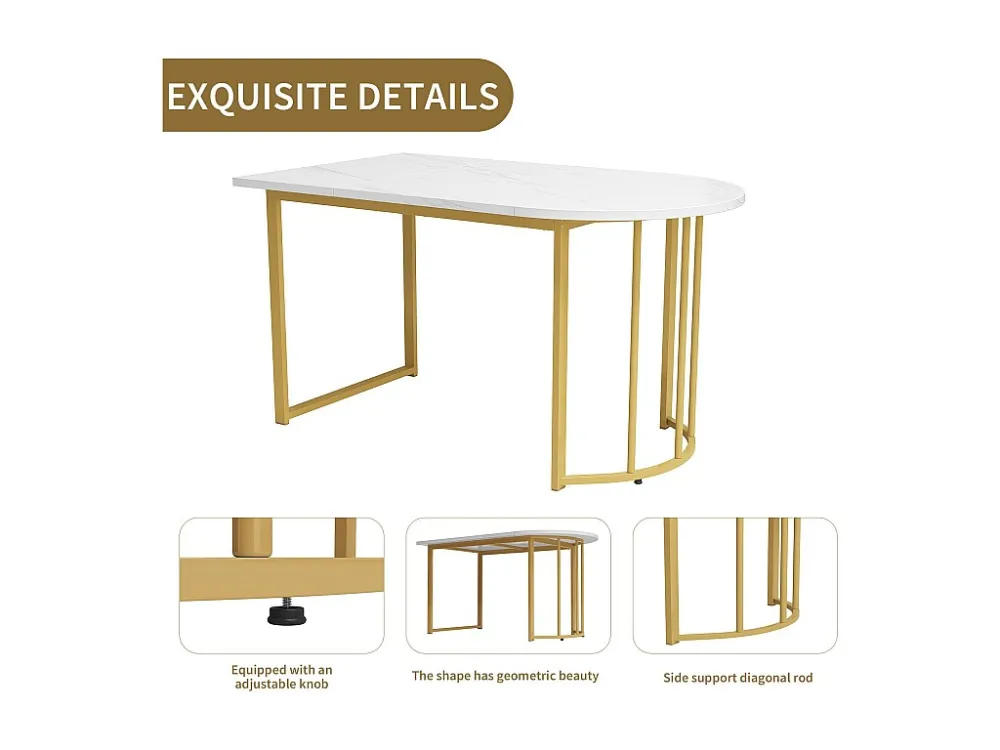 Moderne eettafel – blad met marmerpatroon – metalen frame – wit en goud ModernLuxe