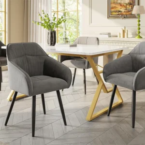 Moderne eettafel – blad met marmerpatroon – uniek metalen frame – wit en goud ModernLuxe