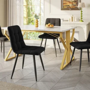 Moderne eettafel – blad met marmerpatroon – uniek metalen frame – wit en goud ModernLuxe