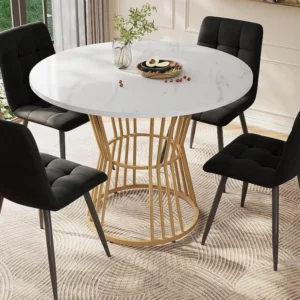 Ronde eettafel - metalen structuur - marmerpatroon fineer - Wit & Goud ModernLuxe