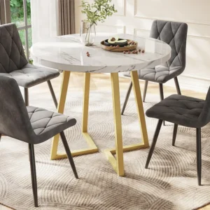 Ronde eettafel - metalen structuur - marmerpatroon fineer - Wit & Goud ModernLuxe