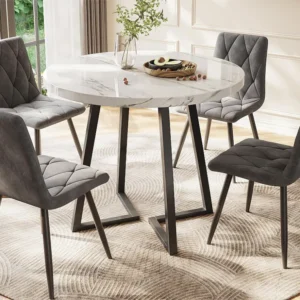 Ronde eettafel - metalen structuur - marmerpatroon fineer - Wit & Zwart ModernLuxe
