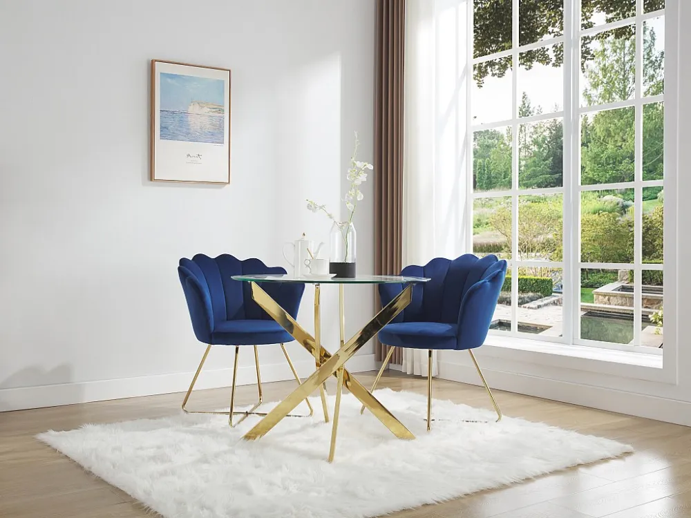 Ronde eettafel – 2 personen – Gehard glas en goudkleurig metaal – Transparant – COSIMA