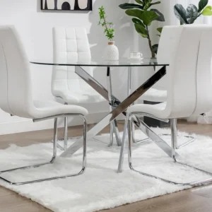 Ronde eettafel – 6 personen – Gehard glas en verchroomd metaal – Transparant – COSIMA